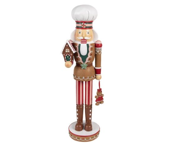 Figurine casse-noisette Théodore H46cm, costume pain d’épices brun rouge et blanc, maison de pain d’épices
