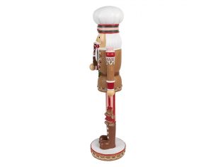Figurine casse-noisette Théodore H46cm, costume pain d’épices brun rouge et blanc, maison de pain d’épices