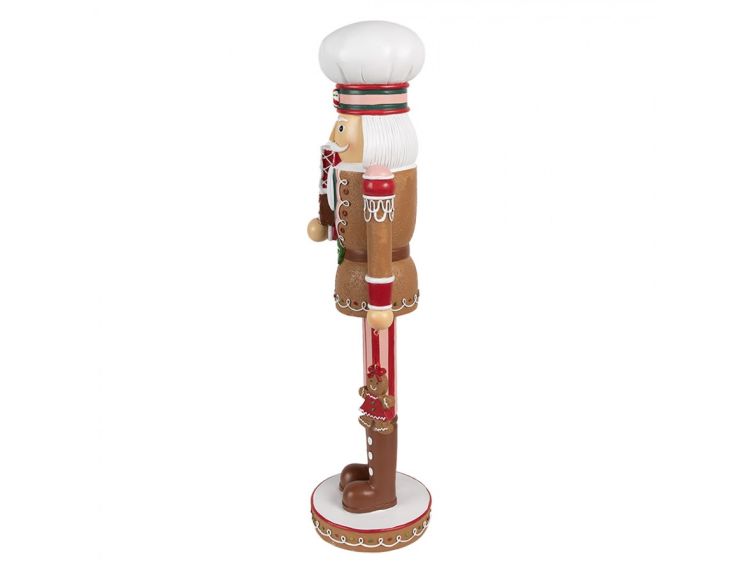 Figurine casse-noisette Théodore H46cm, costume pain d’épices brun rouge et blanc, maison de pain d’épices