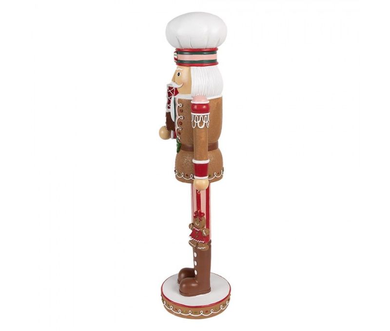 Figurine casse-noisette Théodore H46cm, costume pain d’épices brun rouge et blanc, maison de pain d’épices
