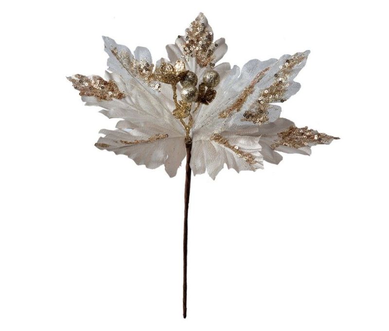 Fleur poinsettia artificielle velours blanc crème bords sequins dorés champagne pistils boules dorées tige marron D27cm