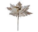 Voir la slide Fleur poinsettia artificielle velours blanc crème bords sequins dorés champagne pistils boules dorées tige marron D27cm