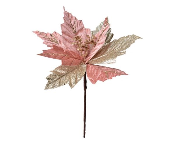 Fleur poinsettia artificielle velours rose pétales champagne dorés paillettes pistils dorés tige marron D27cm