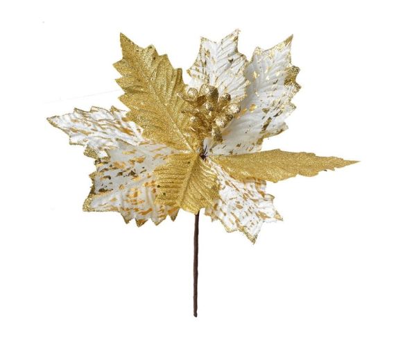 Fleur poinsettia artificielle pétales velours blanc éclaboussures dorées pétales entièrement dorés pailletés  D27cm