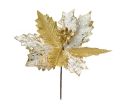 Voir la slide Fleur poinsettia artificielle pétales velours blanc éclaboussures dorées pétales entièrement dorés pailletés  D27cm