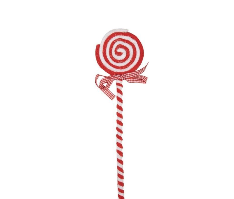 Décoration Noël sucette spirale rouge blanc tige torsadée rouge blanc nœud ruban vichy rouge blanc H41cm
