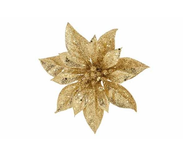 Fleur poinsettia artificielle entièrement dorée paillettes scintillantes multicouches pétales pointus D18cm