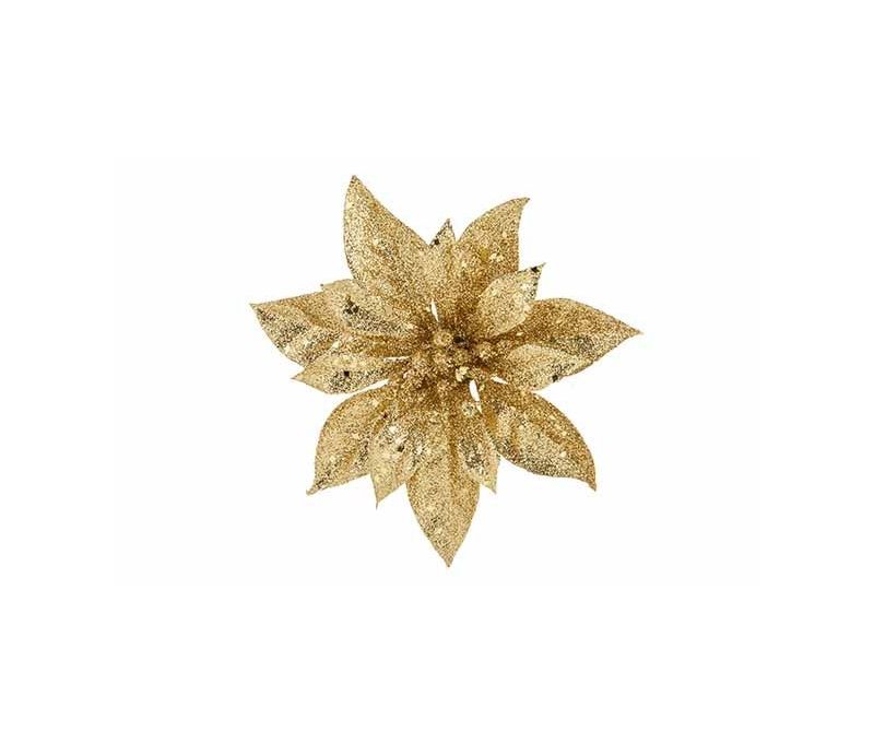 Fleur poinsettia artificielle entièrement dorée paillettes scintillantes multicouches pétales pointus D18cm