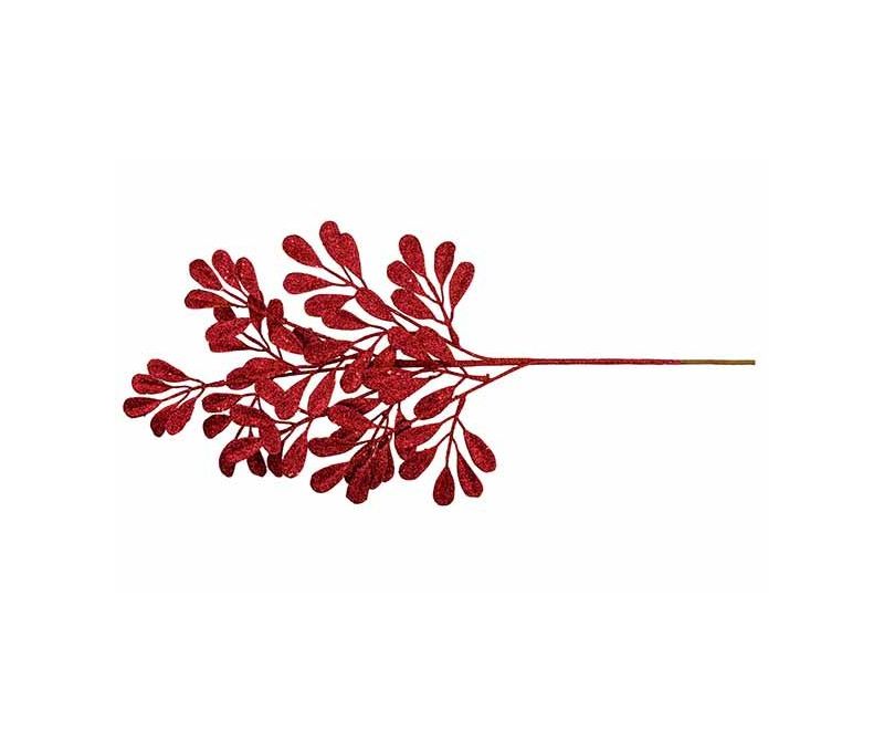 Branche décorative Noël feuilles ovales pailletées rouge scintillant tige fine dorée H60cm