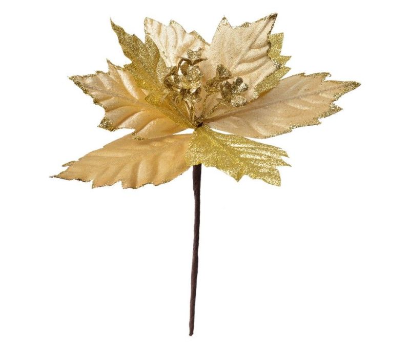 Fleur poinsettia artificielle velours doré champagne bords paillettes or pistils floraux dorés tige marron D25cm