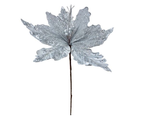 Grande fleur poinsettia artificielle velours bleu argenté paillettes sequins argent pistils perles blanches tige marron D57cm