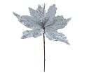 Voir la slide Grande fleur poinsettia artificielle velours bleu argenté paillettes sequins argent pistils perles blanches tige marron D57cm