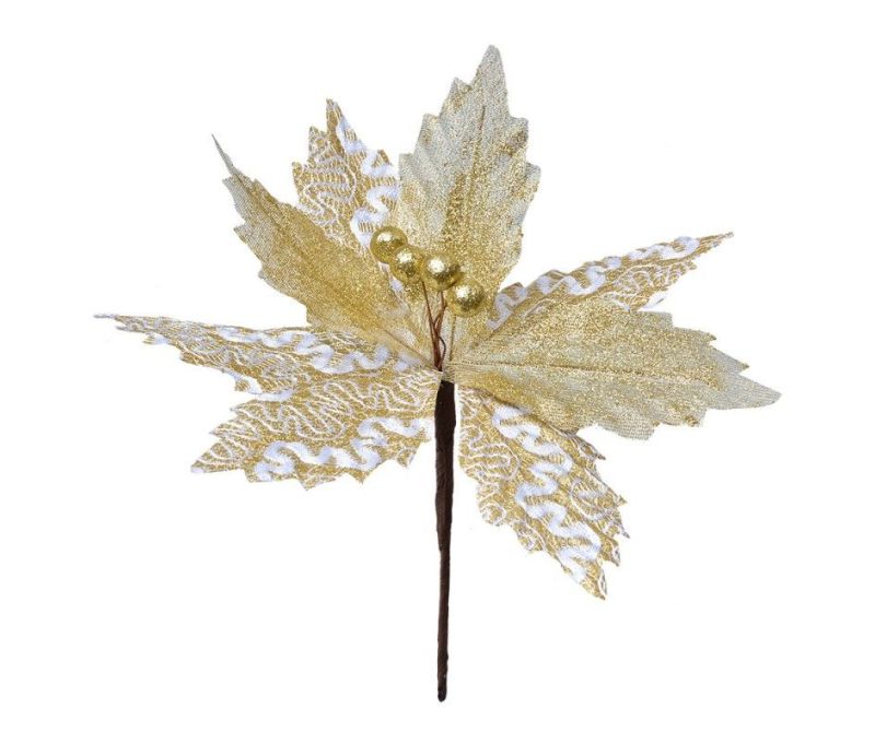 Fleur poinsettia artificielle dentelle blanc or pétales pailletés dorés pistils boules dorées tige marron D25cm
