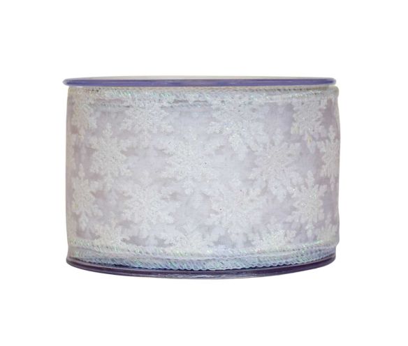 Ruban Noël organza blanc transparent motifs flocons brodés irisés lisière fil de fer 7cm 9 mètres