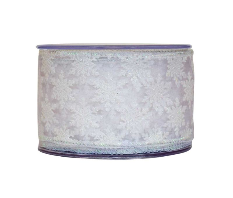 Ruban Noël organza blanc transparent motifs flocons brodés irisés lisière fil de fer 7cm 9 mètres