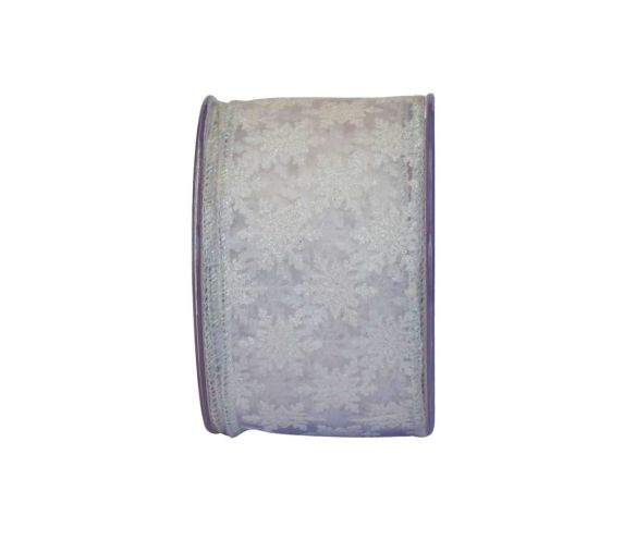 Ruban Noël organza blanc transparent motifs flocons brodés irisés lisière fil de fer 7cm 9 mètres