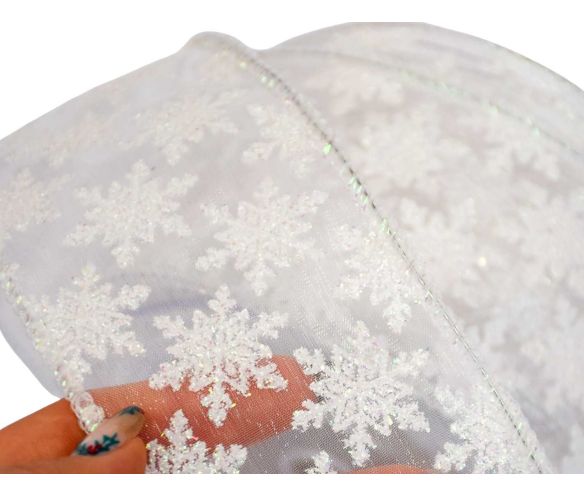 Ruban Noël organza blanc transparent motifs flocons brodés irisés lisière fil de fer 7cm 9 mètres