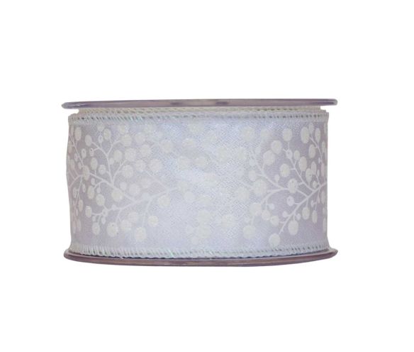Ruban Noël organza blanc motif branches givrées baies irisées lisière fil de fer 7cm 9 mètres