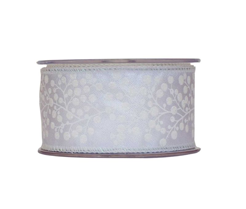 Ruban Noël organza blanc motif branches givrées baies irisées lisière fil de fer 7cm 9 mètres