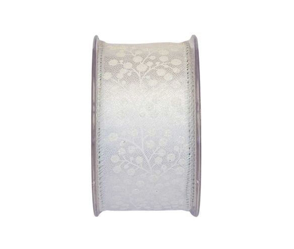 Ruban Noël organza blanc motif branches givrées baies irisées lisière fil de fer 7cm 9 mètres