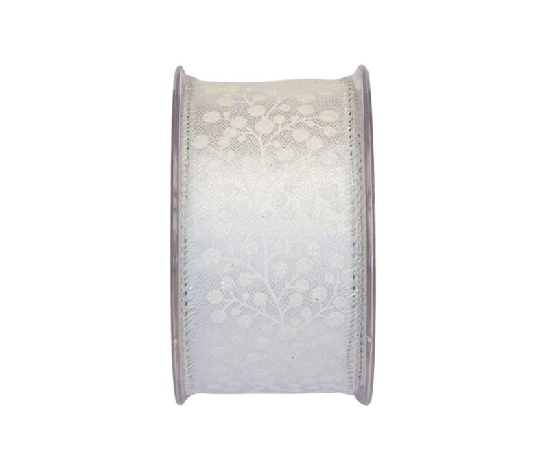 Ruban Noël organza blanc motif branches givrées baies irisées lisière fil de fer 7cm 9 mètres
