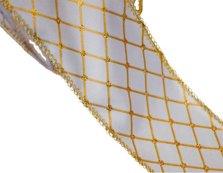 Large ruban de Noël blanc effet arlequin doré