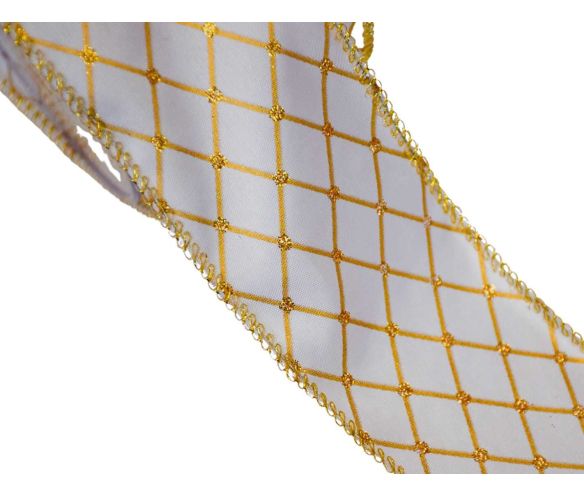Ruban Noël blanc quadrillage losanges fils dorés croisillons dorés lisière dorée fil de fer 7cm 9 mètres