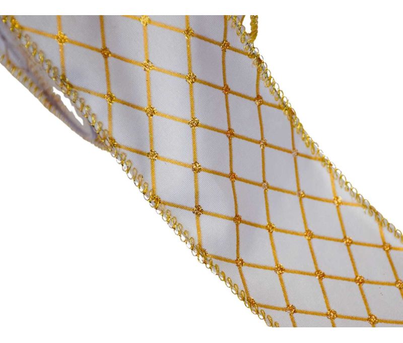 Large ruban de Noël blanc effet arlequin doré