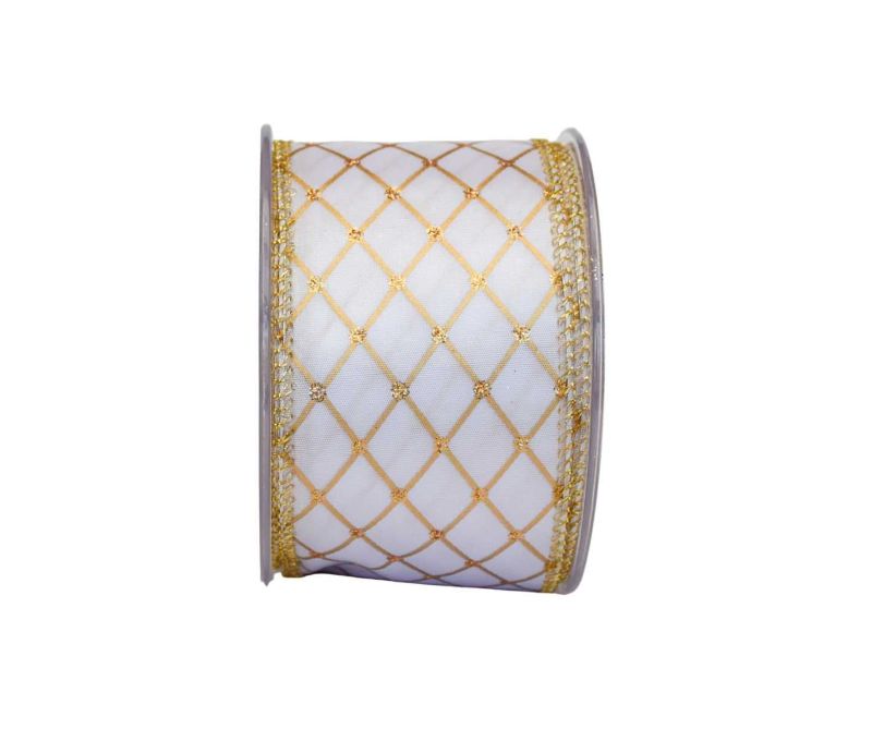 Large ruban de Noël blanc effet arlequin doré