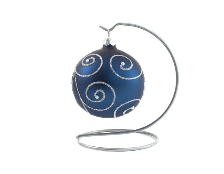 Boule de Noël en verre soufflé bleu nuit décor arabesques argentées peints à la main, diamètre 8cm