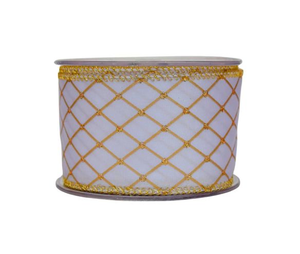 Ruban Noël blanc quadrillage losanges fils dorés croisillons dorés lisière dorée fil de fer 7cm 9 mètres