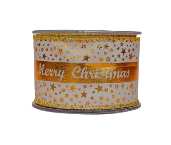 Ruban Noël blanc étoiles dorées bande centrale satin doré inscription Merry Christmas blanc fil de fer 7cm 9 mètres