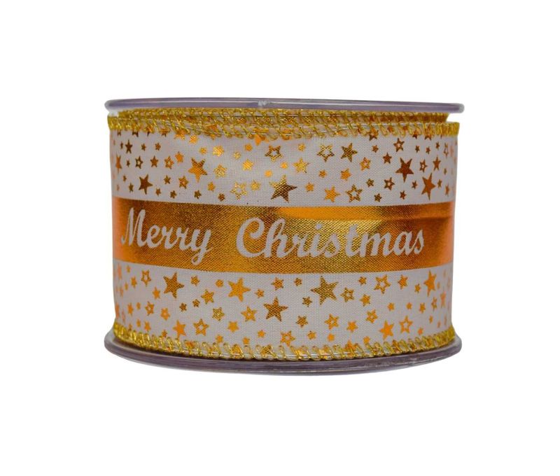 Ruban Noël blanc étoiles dorées bande centrale satin doré inscription Merry Christmas blanc fil de fer 7cm 9 mètres