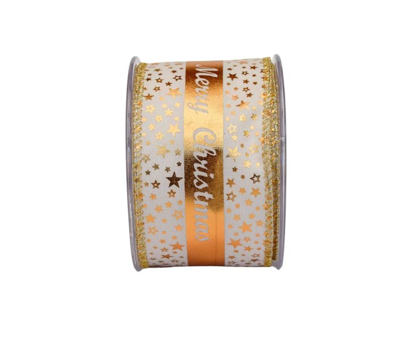 Ruban Noël blanc étoiles dorées bande centrale satin doré inscription Merry Christmas blanc fil de fer 7cm 9 mètres
