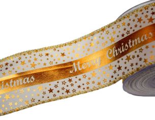 Ruban blanc étoiles Merry Christmas doré 9M