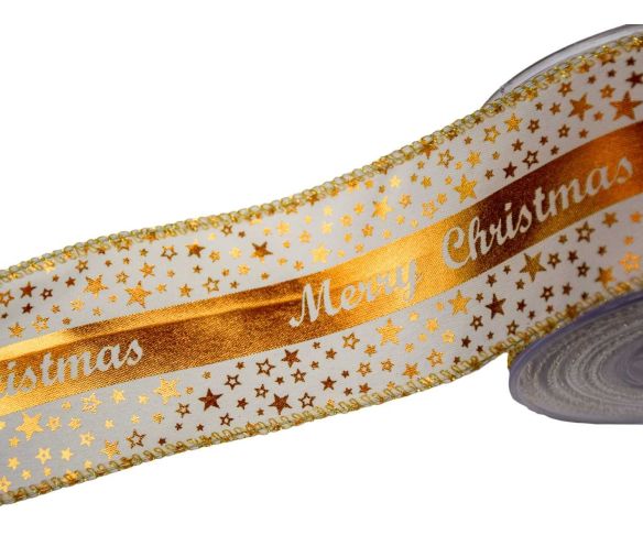 Ruban Noël blanc étoiles dorées bande centrale satin doré inscription Merry Christmas blanc fil de fer 7cm 9 mètres