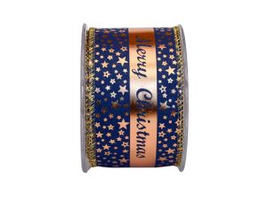 Ruban bleu foncé velours Merry Christmas doré 9M