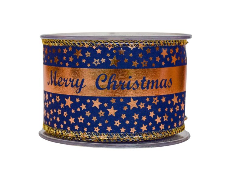 Ruban bleu foncé velours Merry Christmas doré 9M