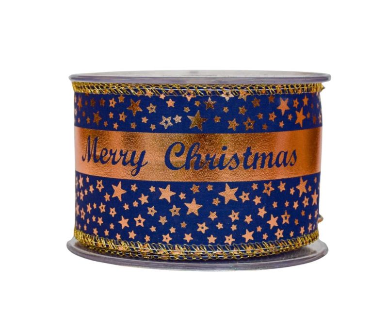 Ruban Noël bleu foncé marine étoiles dorées bande centrale dorée Merry Christmas lisière dorée fil de fer 7cm 9 mètres