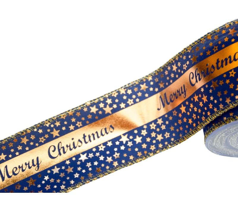 Ruban Noël bleu foncé marine étoiles dorées bande centrale dorée Merry Christmas lisière dorée fil de fer 7cm 9 mètres