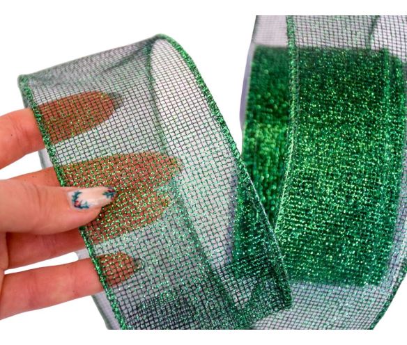Ruban Noël vert sapin pailleté scintillant tissu métallisé fil de fer bordures vertes largeur 7cm rouleau 9 mètres