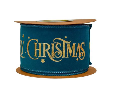 Ruban bleu pétrol velours Merry Christmas doré 9M