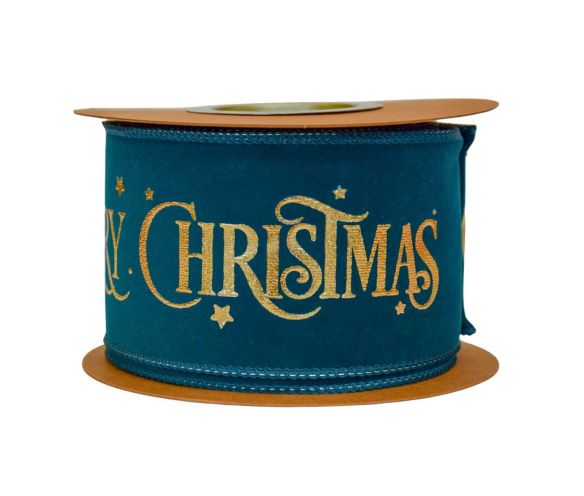 Ruban velours bleu pétrol inscription Merry Christmas lettres dorées étoiles dorées lisière fil de fer 8cm 9 mètres