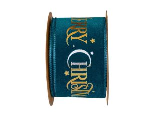 Ruban bleu pétrol velours Merry Christmas doré 9M