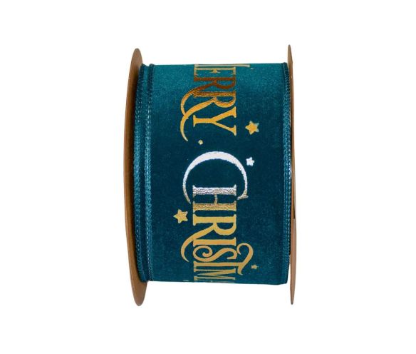 Ruban bleu pétrol velours Merry Christmas doré 9M