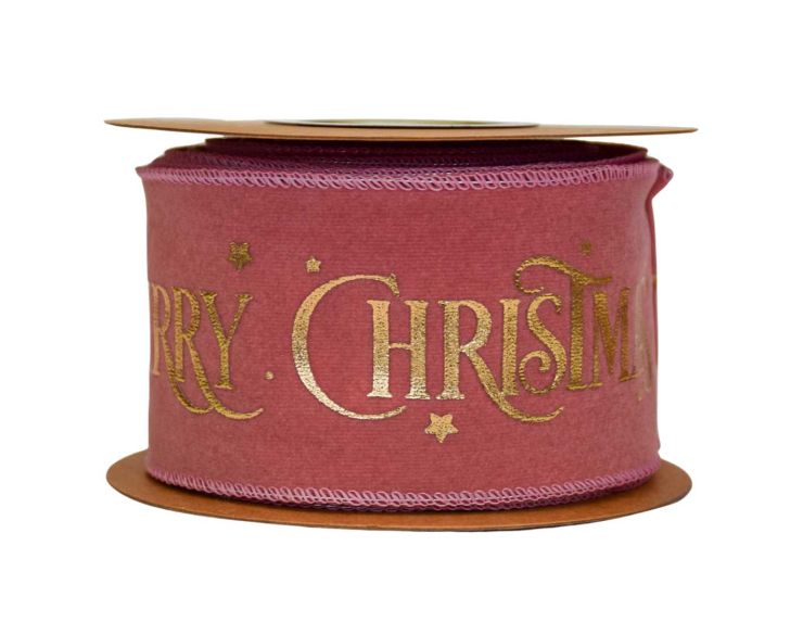 Ruban rose velours Merry Christmas doré 9M