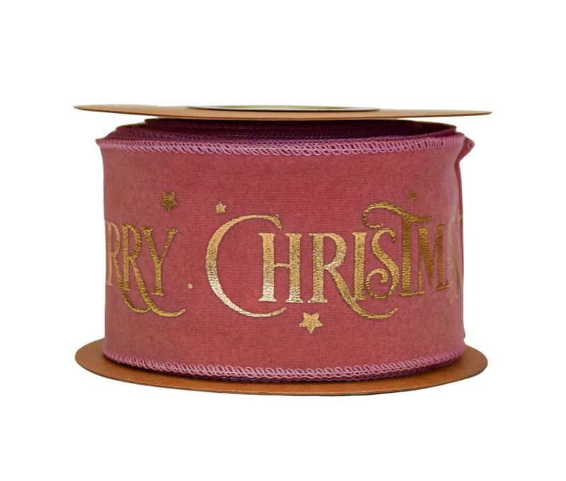 Ruban rose velours Merry Christmas doré 9M
