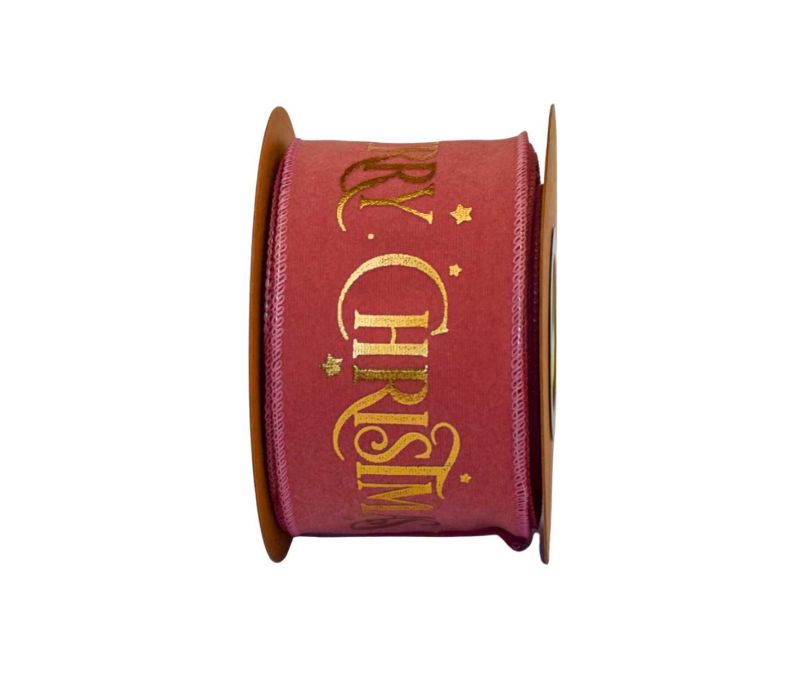 Ruban velours rose poudré inscription Merry Christmas lettres dorées étoiles dorées lisière fil de fer 8cm 9 mètres