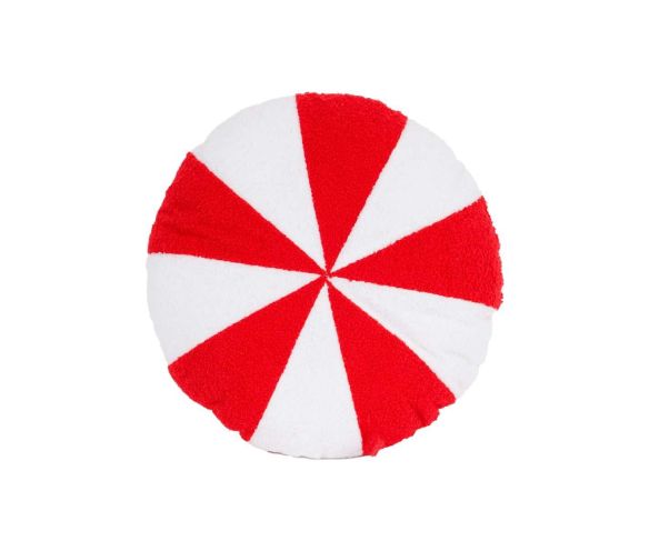 Coussin de Noël rond bouclette rayures tourbillonnantes rouge et blanc façon bonbon candy D38cm