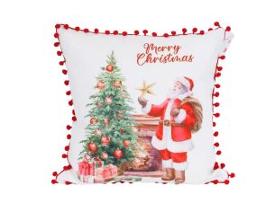 Coussin de Noël blanc avec un Père Noël qui décor un sapin, pompons rouges sur les bords. Taille 40x40 cm